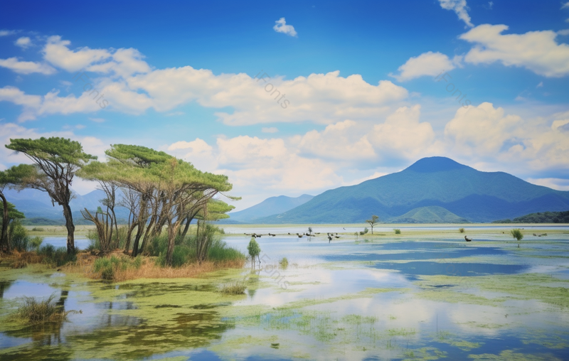 丽江拉市海湿地蓝天白云下湿地美景摄影真实,高清,摄影图,摄影图片,图片大全,摄影图免费下载